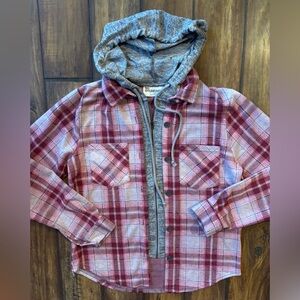 No Boundaries pink, Burgundy, and Gray Plaid Button Down Flannel with Hood